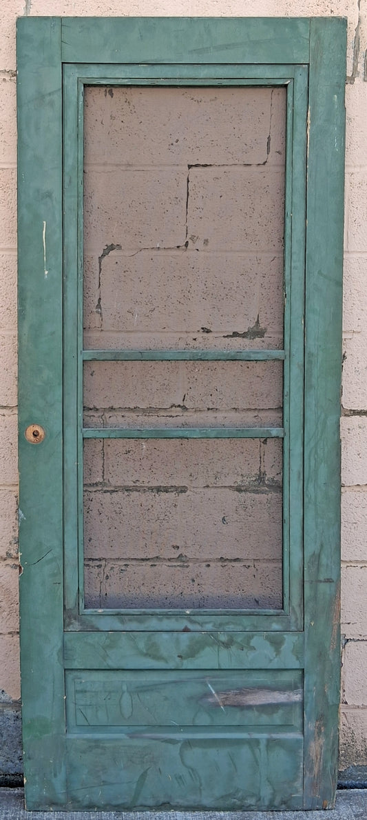 32"x80" Antique Vintage Old Victorian SOLID Wood Wooden Storm Screen Green Exterior Entry Door Removable Window