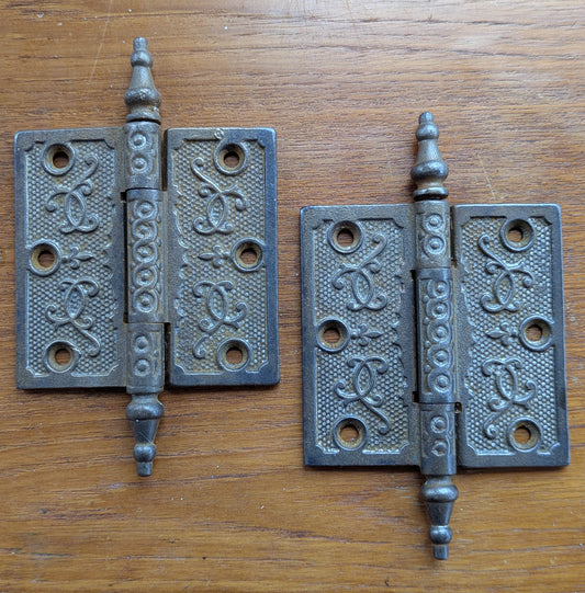 Cleaned Restored Pair 3.5"x3.5" Antique Vintage Old Reclaimed Salvaged Eastlake Victorian SOLID Cast Iron Interior Door Hinges Steeple Tip
