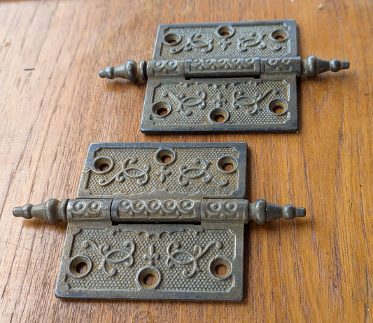 Cleaned Restored Pair 3.5"x3.5" Antique Vintage Old Reclaimed Salvaged Eastlake Victorian SOLID Cast Iron Interior Door Hinges Steeple Tip