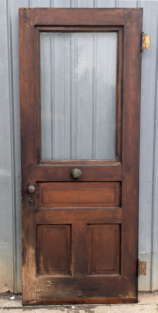 34"x83"x1.75" Antique Vintage Old Reclaimed Salvaged Victorian SOLID Wood Wooden Entry Door Window Wavy Glass Lockset Hinges Doorbell Bell Ringer