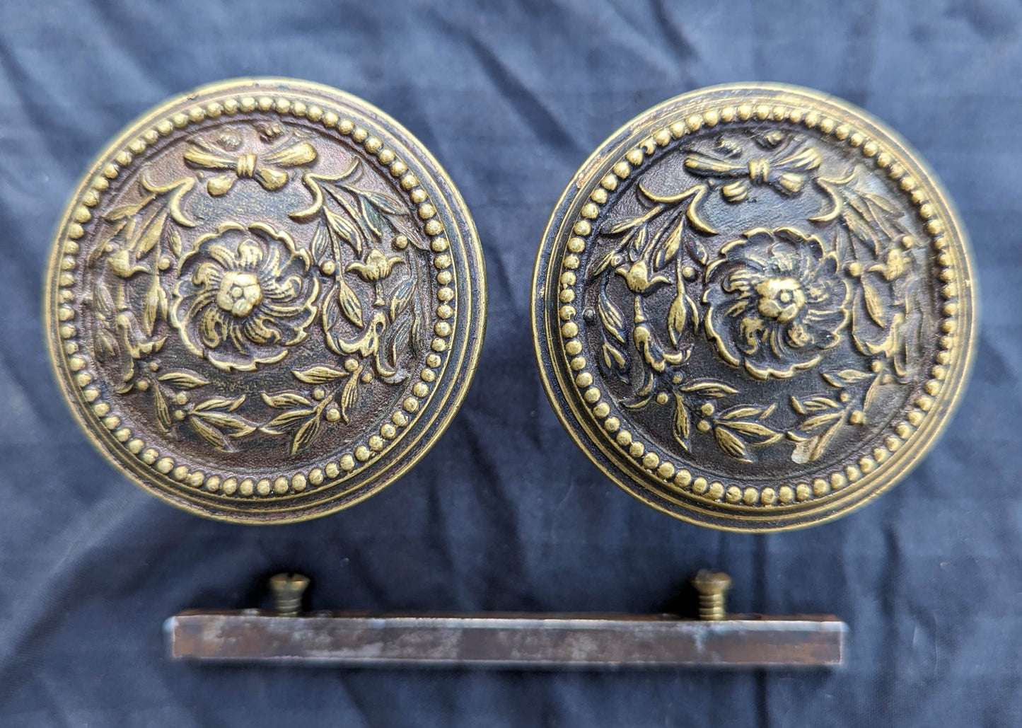 Heavy Pair Antique Vintage Old SOLID Cast Brass Floral Flower Doorknob Door Knobs