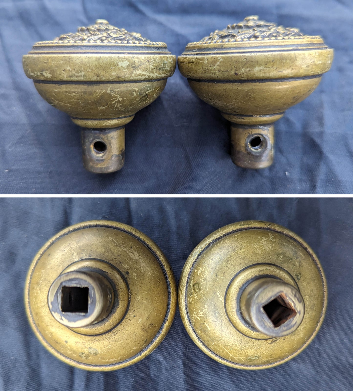 Heavy Pair Antique Vintage Old SOLID Cast Brass Floral Flower Doorknob Door Knobs