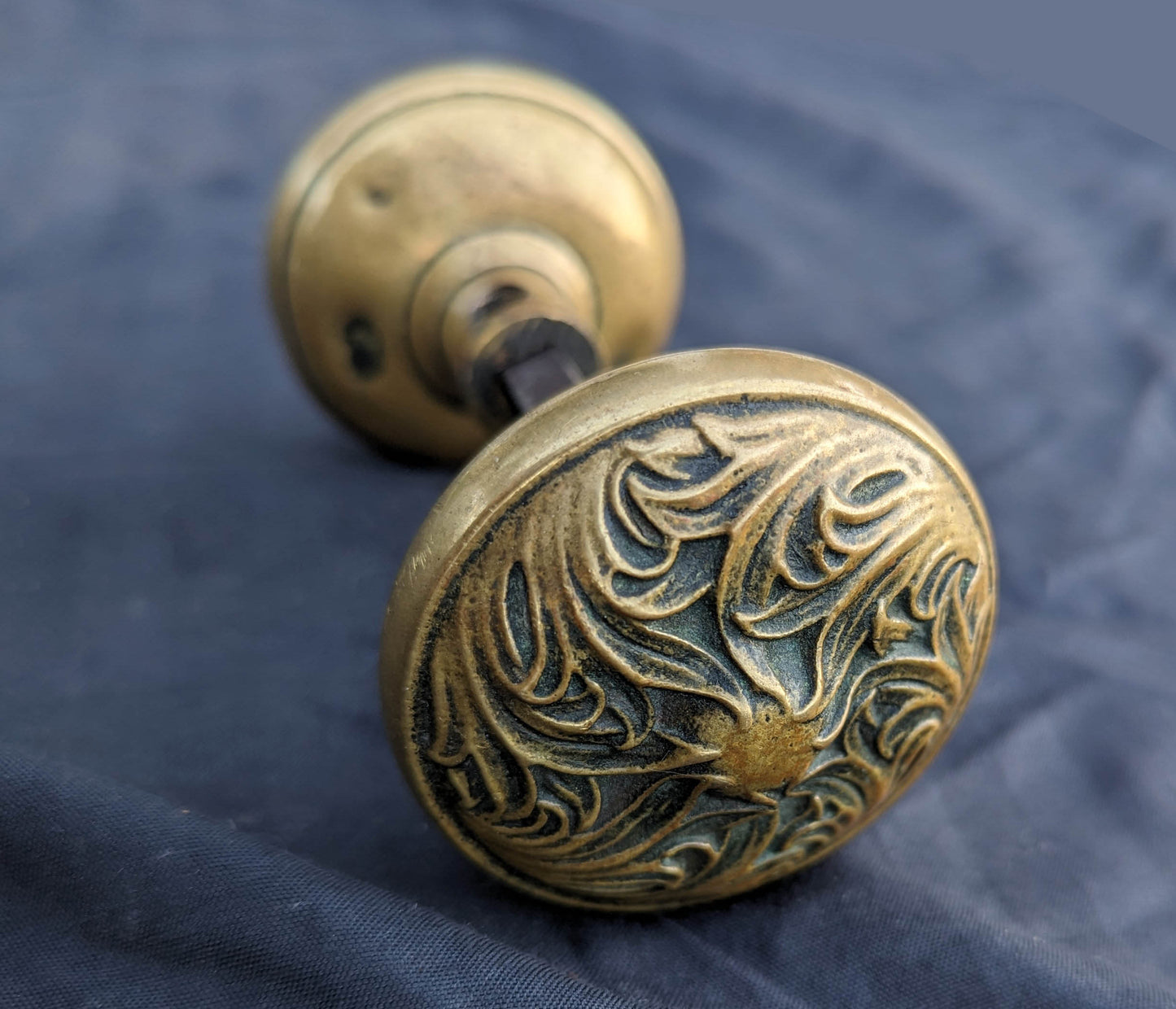 Pair Antique Vintage Old Art Nouveau Victorian SOLID Cast Brass Floral Leaf Doorknob Door Knobs