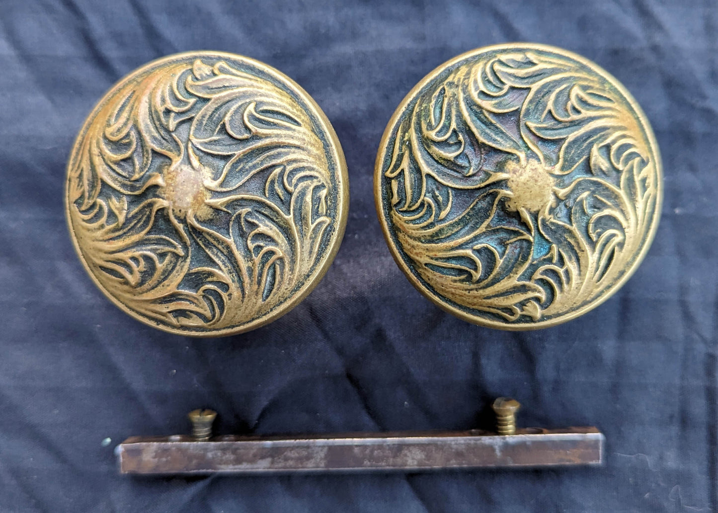 Pair Antique Vintage Old Art Nouveau Victorian SOLID Cast Brass Floral Leaf Doorknob Door Knobs
