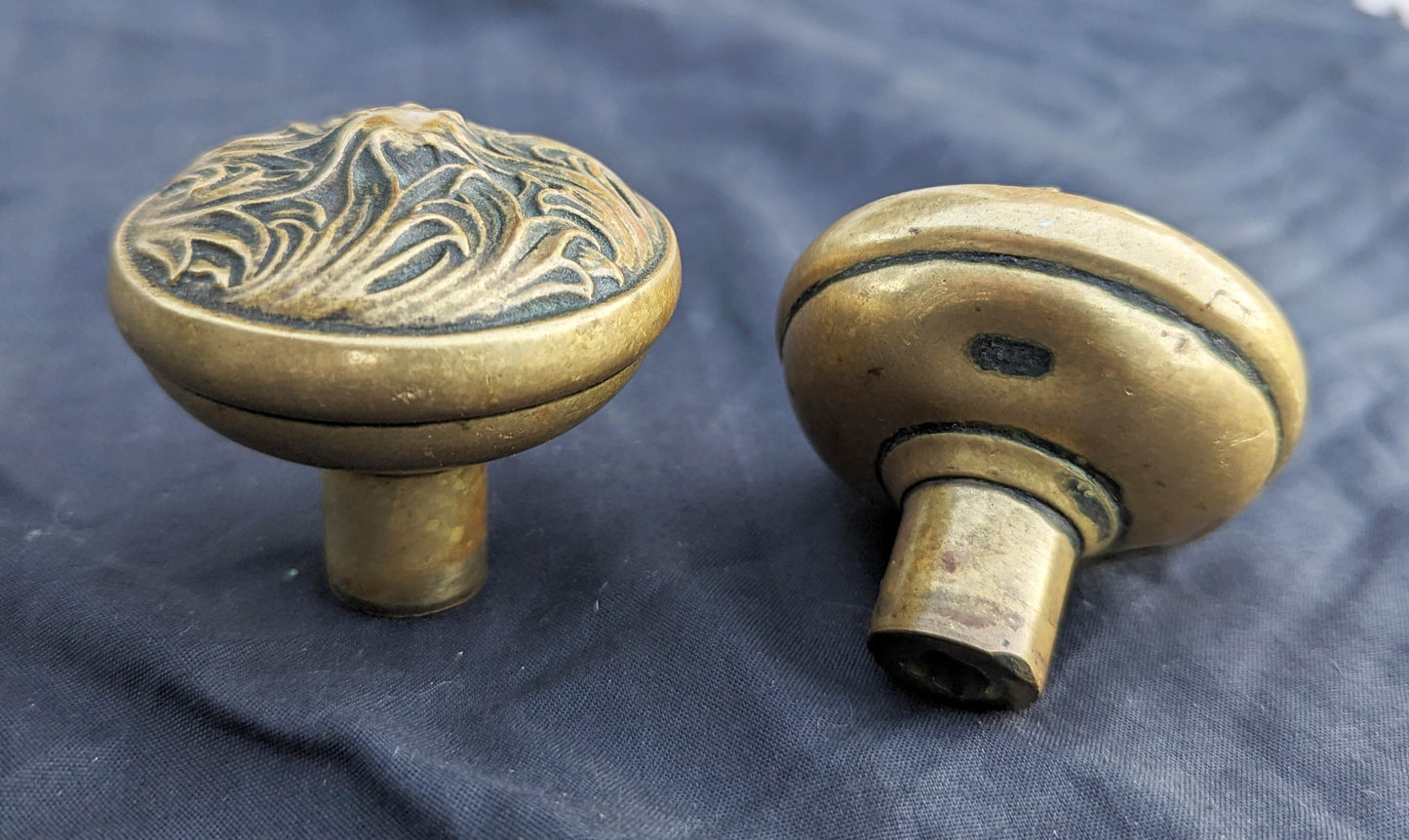 Pair Antique Vintage Old Art Nouveau Victorian SOLID Cast Brass Floral Leaf Doorknob Door Knobs