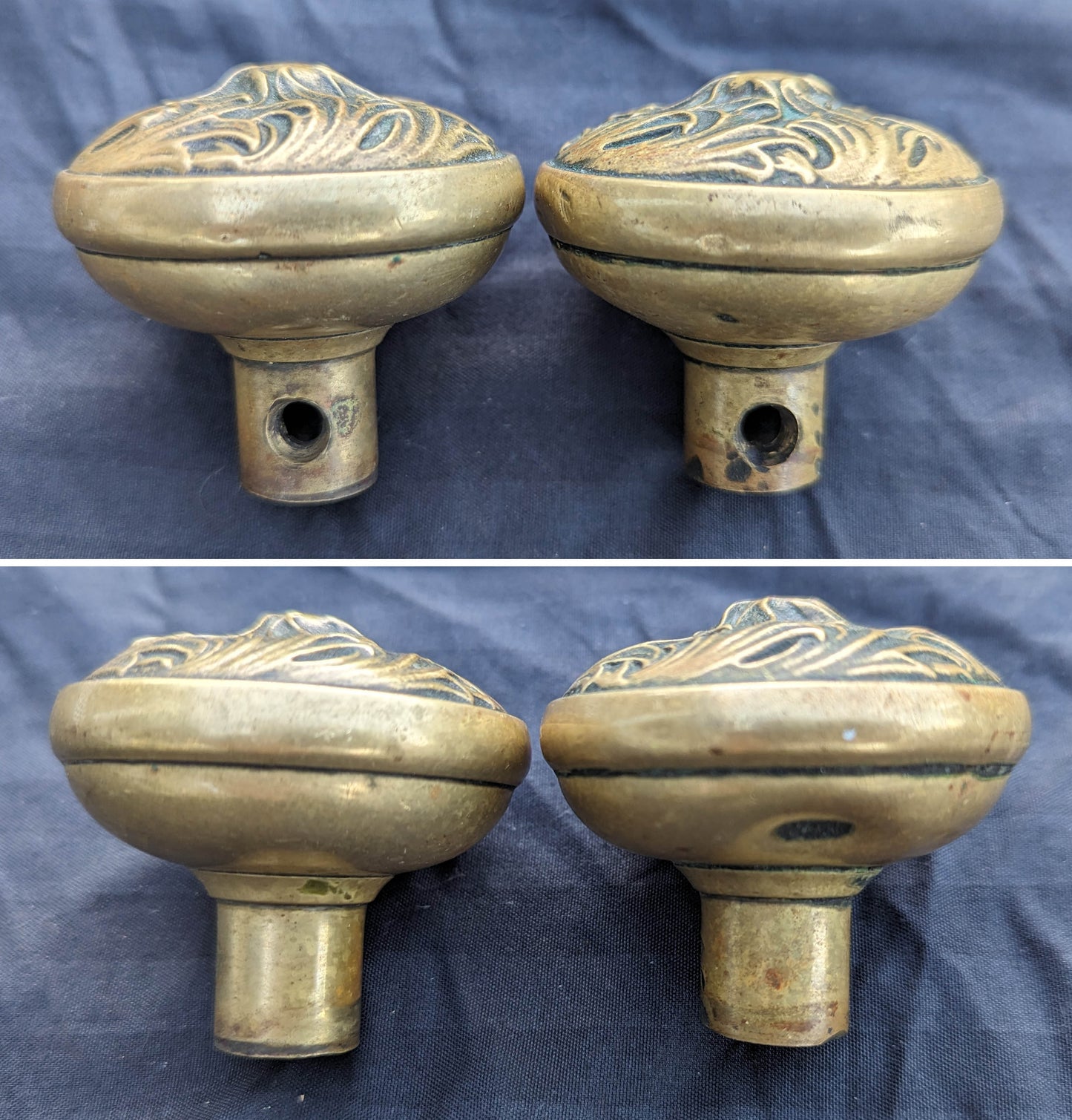 Pair Antique Vintage Old Art Nouveau Victorian SOLID Cast Brass Floral Leaf Doorknob Door Knobs
