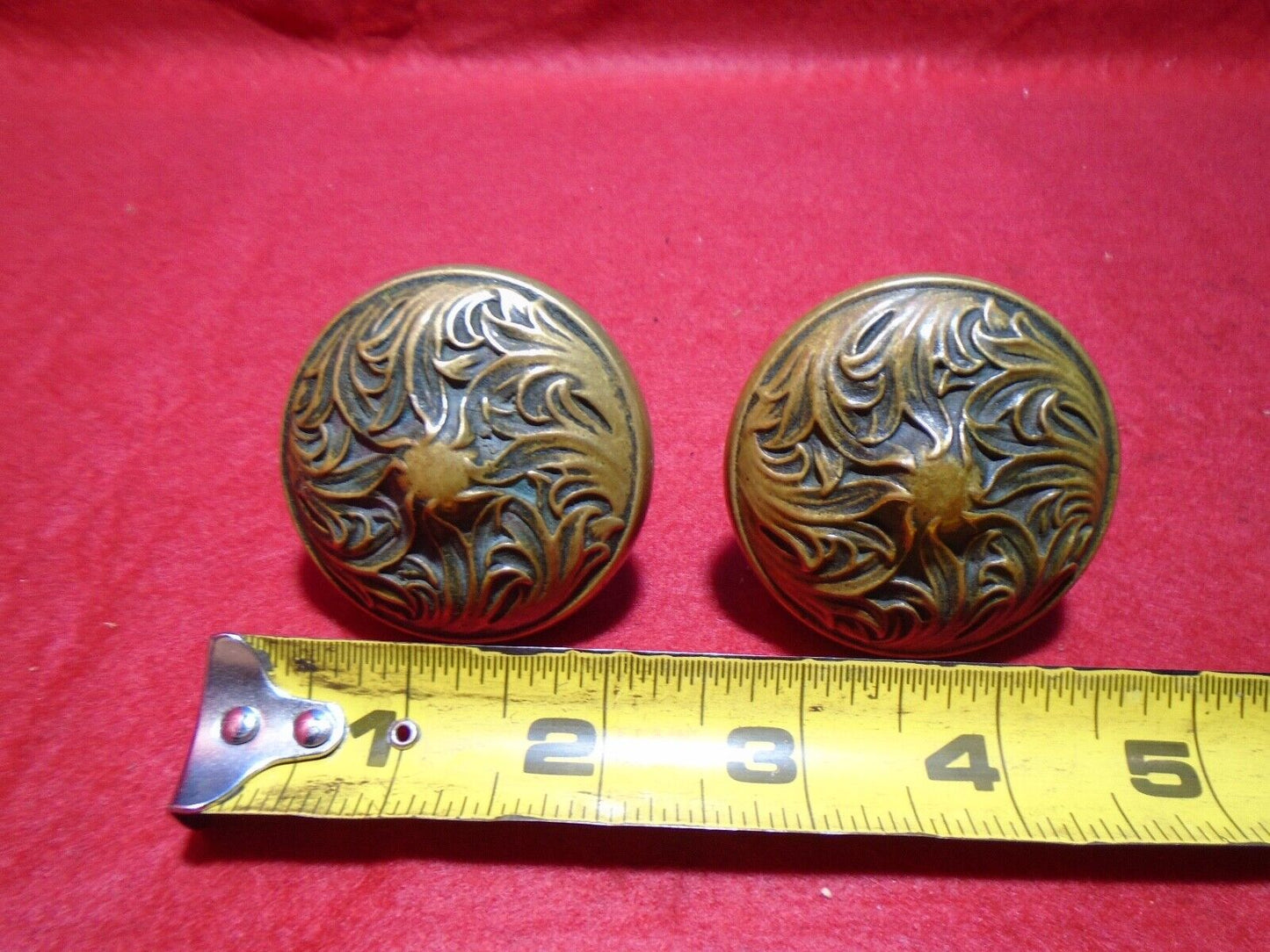 Pair Antique Vintage Old Art Nouveau Victorian SOLID Cast Brass Floral Leaf Doorknob Door Knobs