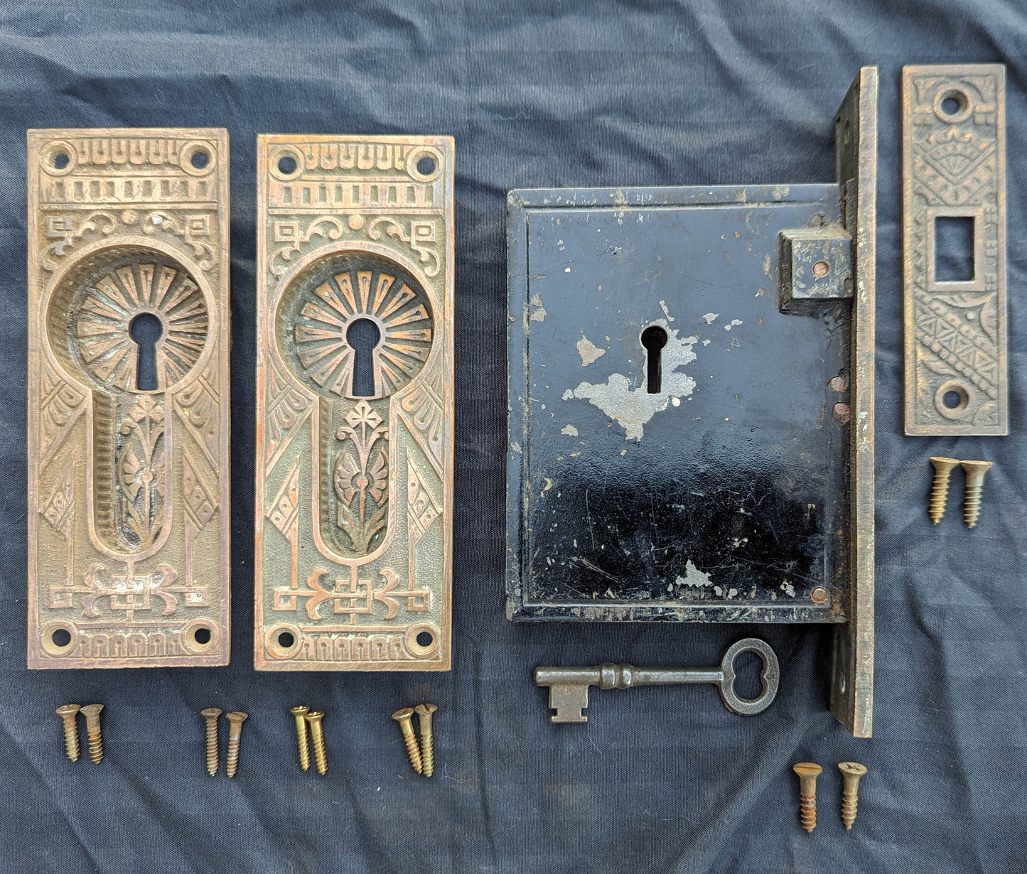 Complete Restored Antique Vintage Old Salvaged Reclaimed Bronze Iron Pocket Sliding Door Set Plate Lock Interior Lockset Key