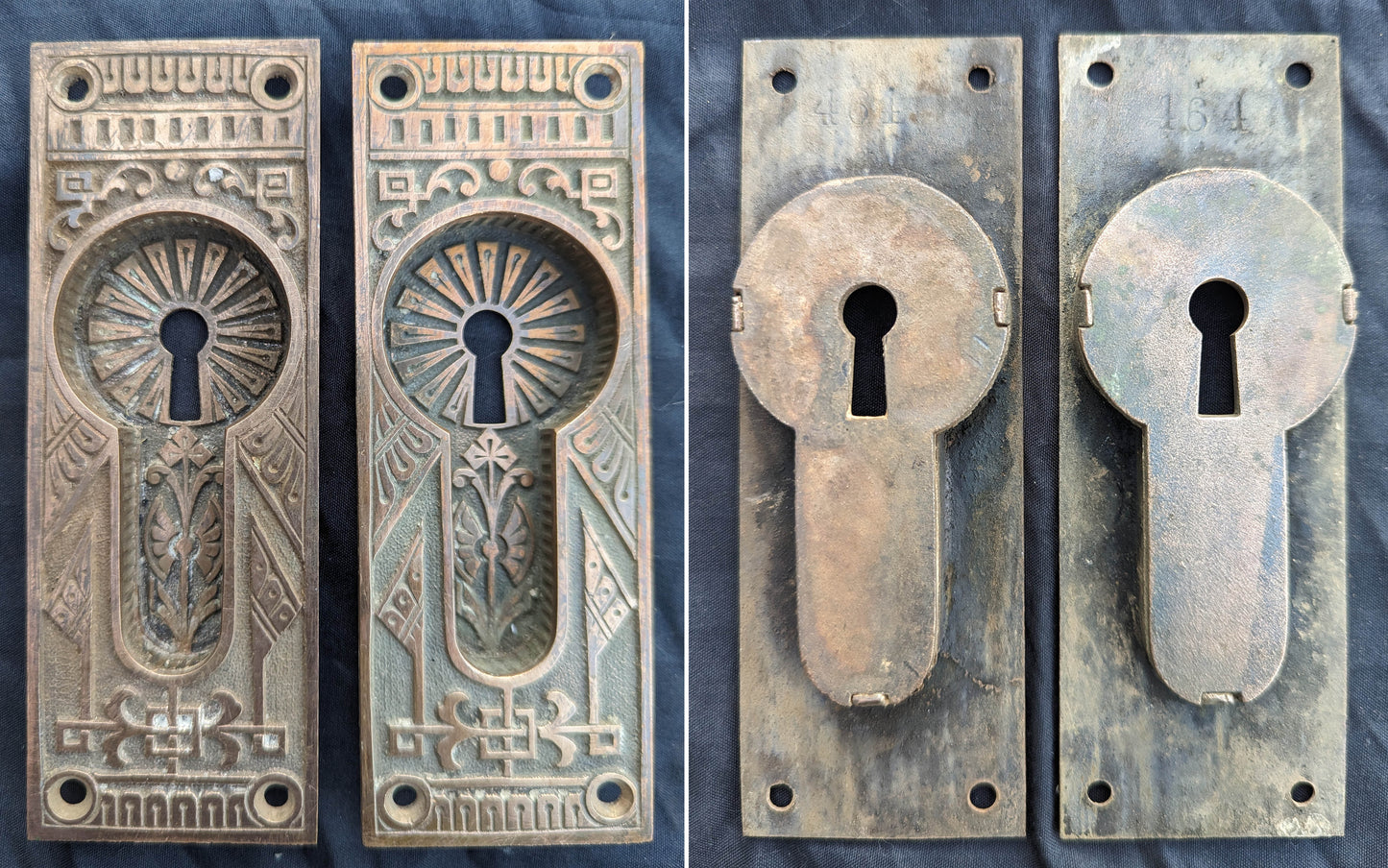 Complete Restored Antique Vintage Old Salvaged Reclaimed Bronze Iron Pocket Sliding Door Set Plate Lock Interior Lockset Key