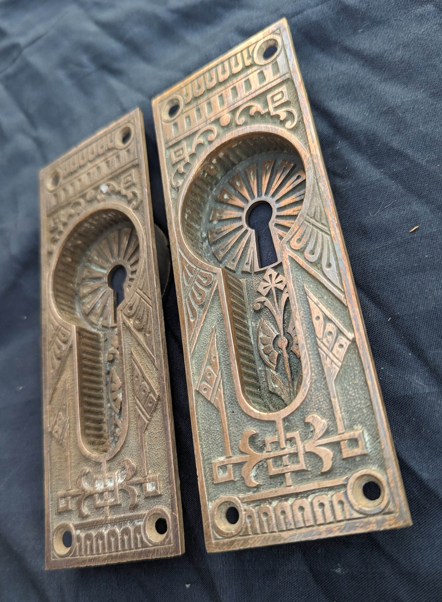 Complete Restored Antique Vintage Old Salvaged Reclaimed Bronze Iron Pocket Sliding Door Set Plate Lock Interior Lockset Key
