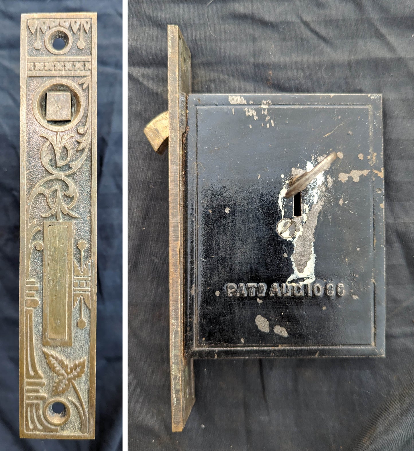 Complete Restored Antique Vintage Old Salvaged Reclaimed Bronze Iron Pocket Sliding Door Set Plate Lock Interior Lockset Key