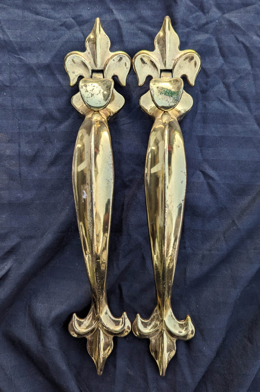Pair 11" Vintage Antique Old Fleur De Lis Brass Exterior Front Entry Door Handle Pulls