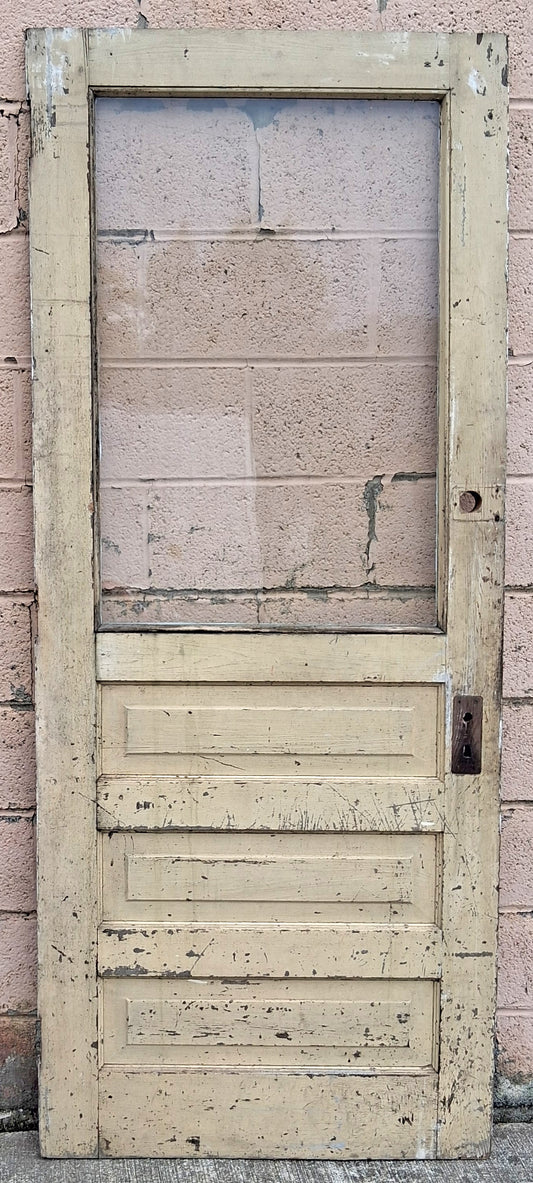 32"x79" Antique Vintage Old Reclaimed Salvaged SOLID Wood Wooden Exterior Entry Front Back Side Door Single Window Wavy Glass