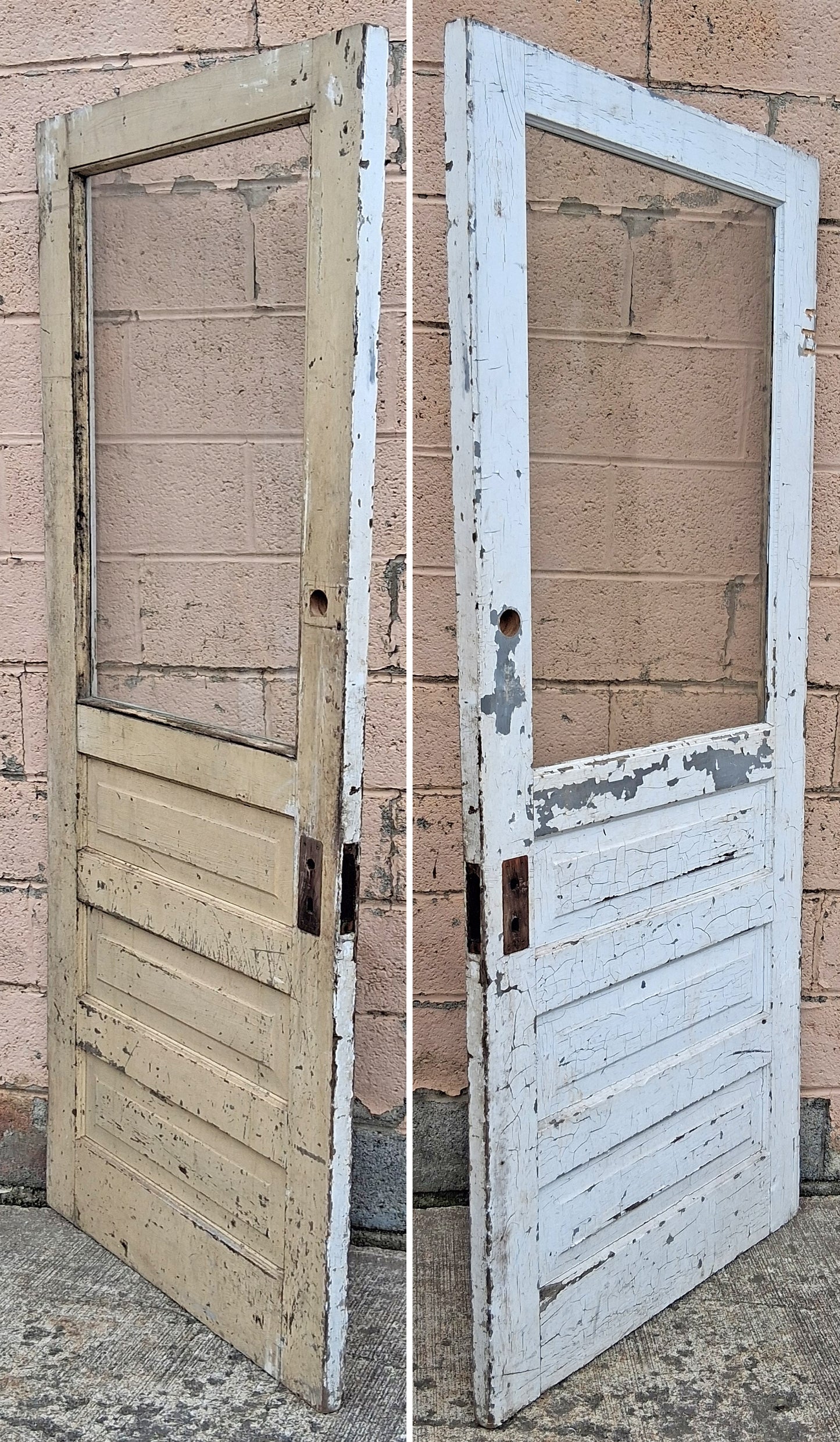 32"x79" Antique Vintage Old Reclaimed Salvaged SOLID Wood Wooden Exterior Entry Front Back Side Door Single Window Wavy Glass