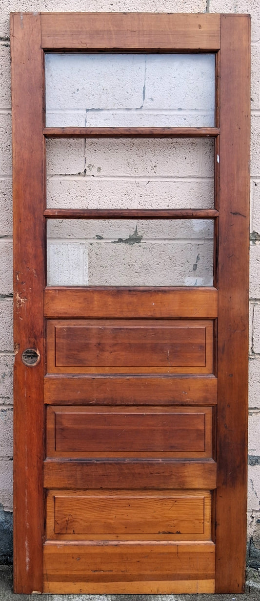 32"x78" Antique Vintage Old Reclaimed Salvaged SOLID Wood Wooden Entry Entrance Front Back Side Door 3 Windows Glass Raised Panels