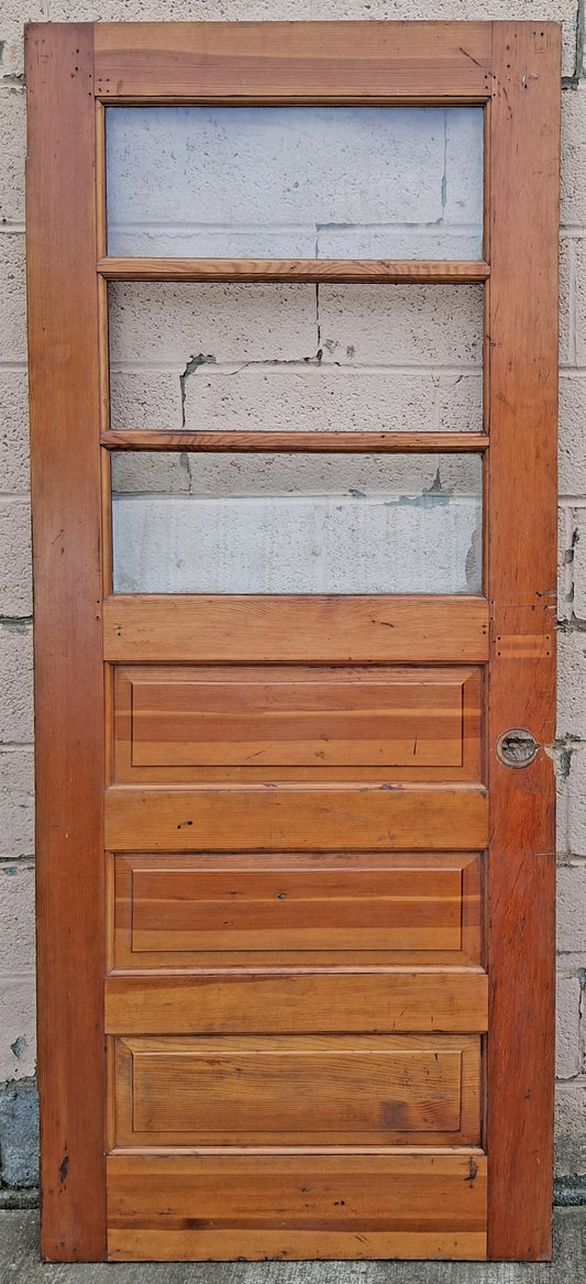 32"x78" Antique Vintage Old Reclaimed Salvaged SOLID Wood Wooden Entry Entrance Front Back Side Door 3 Windows Glass Raised Panels