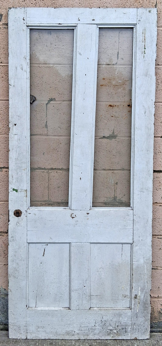 33.5"x79" Antique Vintage Old Reclaimed Salvaged Victorian SOLID Wood Wooden Exterior Front Back Side Entry Door 2 Windows 2 Panels Glass
