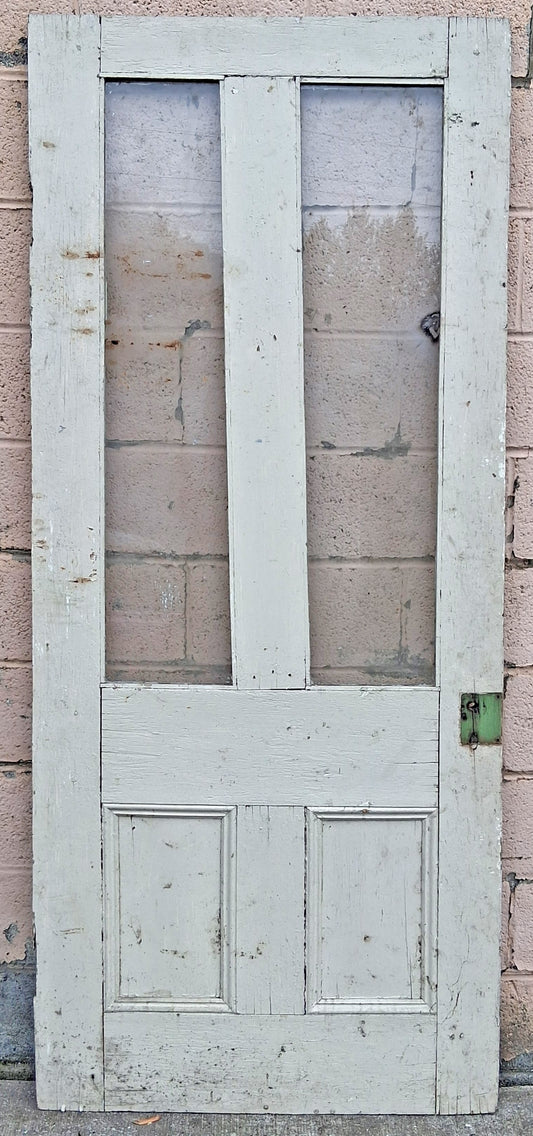 33.5"x79" Antique Vintage Old Reclaimed Salvaged Victorian SOLID Wood Wooden Exterior Front Back Side Entry Door 2 Windows 2 Panels Glass