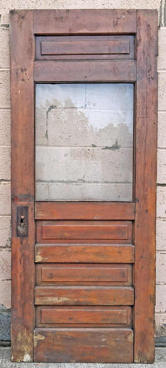 32"x78.5" Antique Vintage Old Reclaimed Salvaged SOLID Wood Wooden Entry Exterior Front Back Side Door 4 Raised Panels Single Window Glass