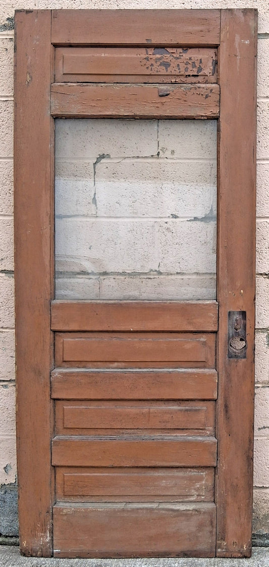 32"x78.5" Antique Vintage Old Reclaimed Salvaged SOLID Wood Wooden Entry Exterior Front Back Side Door 4 Raised Panels Single Window Glass