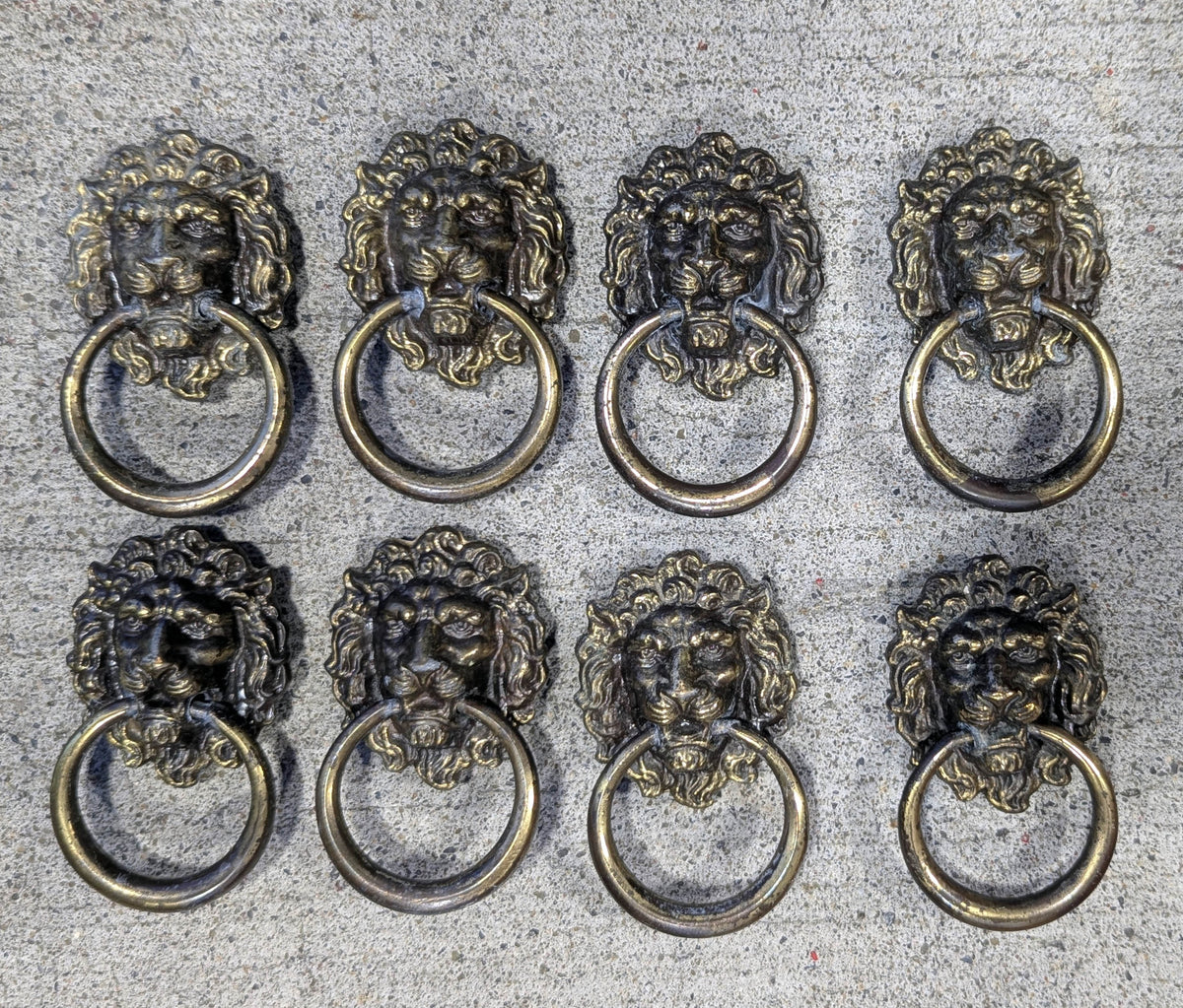 4 Pairs available Vintage Antique Old Lion Head Brass Steel Metal Furniture "Pulaski" Dresser Drawer Cabinet Door Drop Ring Pulls Handles