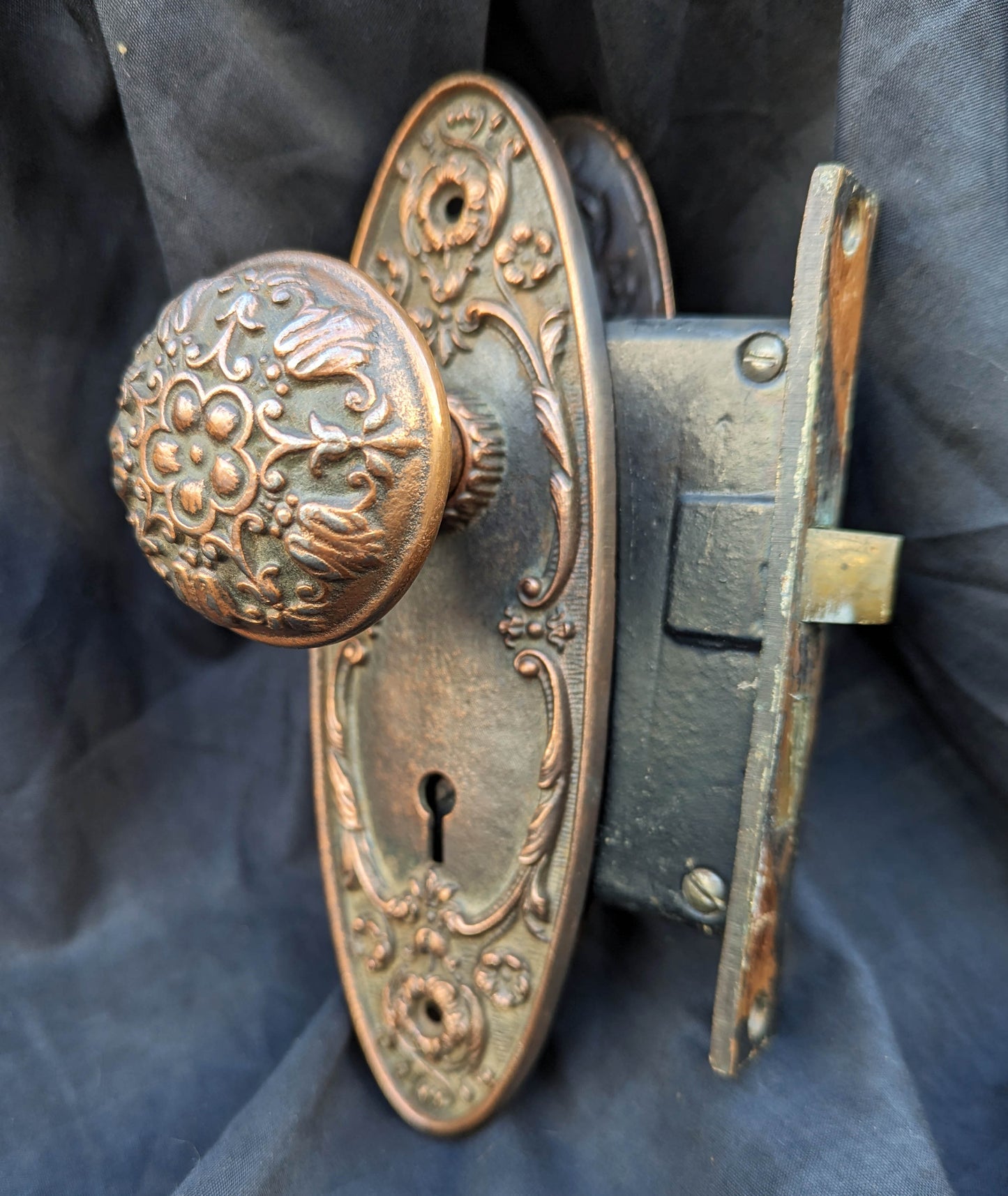 Antique Vintage Old Reclaimed Salvaged Neo Classical Copper Cast Iron Interior Door Lockset Knob Plate Lock