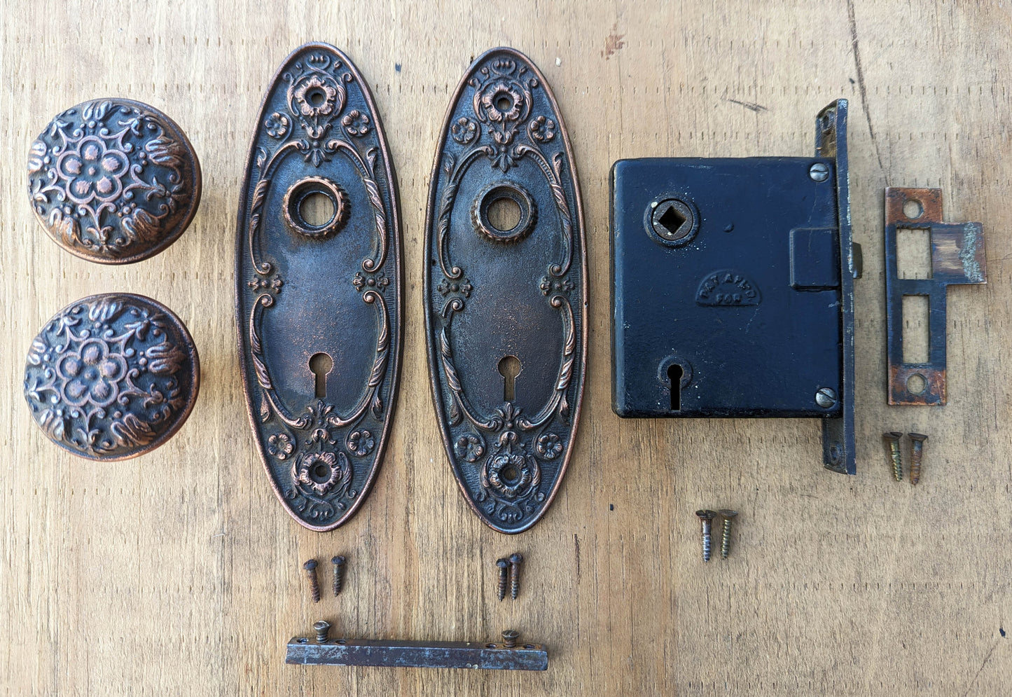 Antique Vintage Old Reclaimed Salvaged Neo Classical Copper Cast Iron Interior Door Lockset Knob Plate Lock