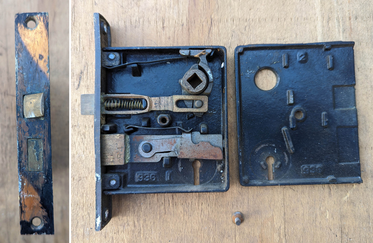 Antique Vintage Old Reclaimed Salvaged Neo Classical Copper Cast Iron Interior Door Lockset Knob Plate Lock