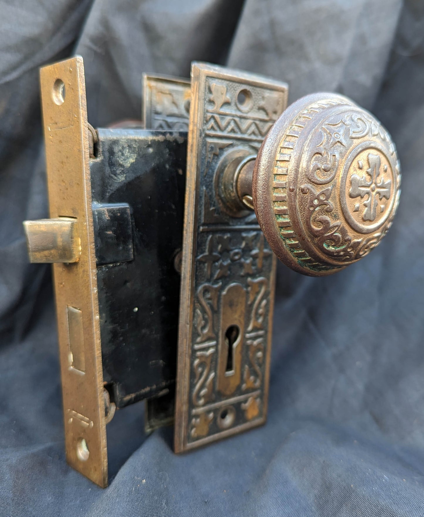 Antique Vintage Old Reclaimed Salvaged Eastlake Victorian Bronze Steel Interior Door Lockset Knob Plate Lock