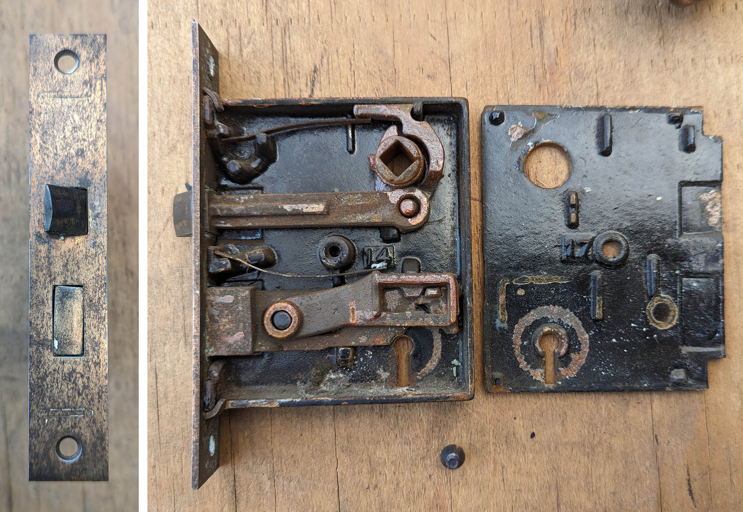 Antique Vintage Old Reclaimed Salvaged Eastlake Victorian Bronze Steel Interior Door Lockset Knob Plate Lock
