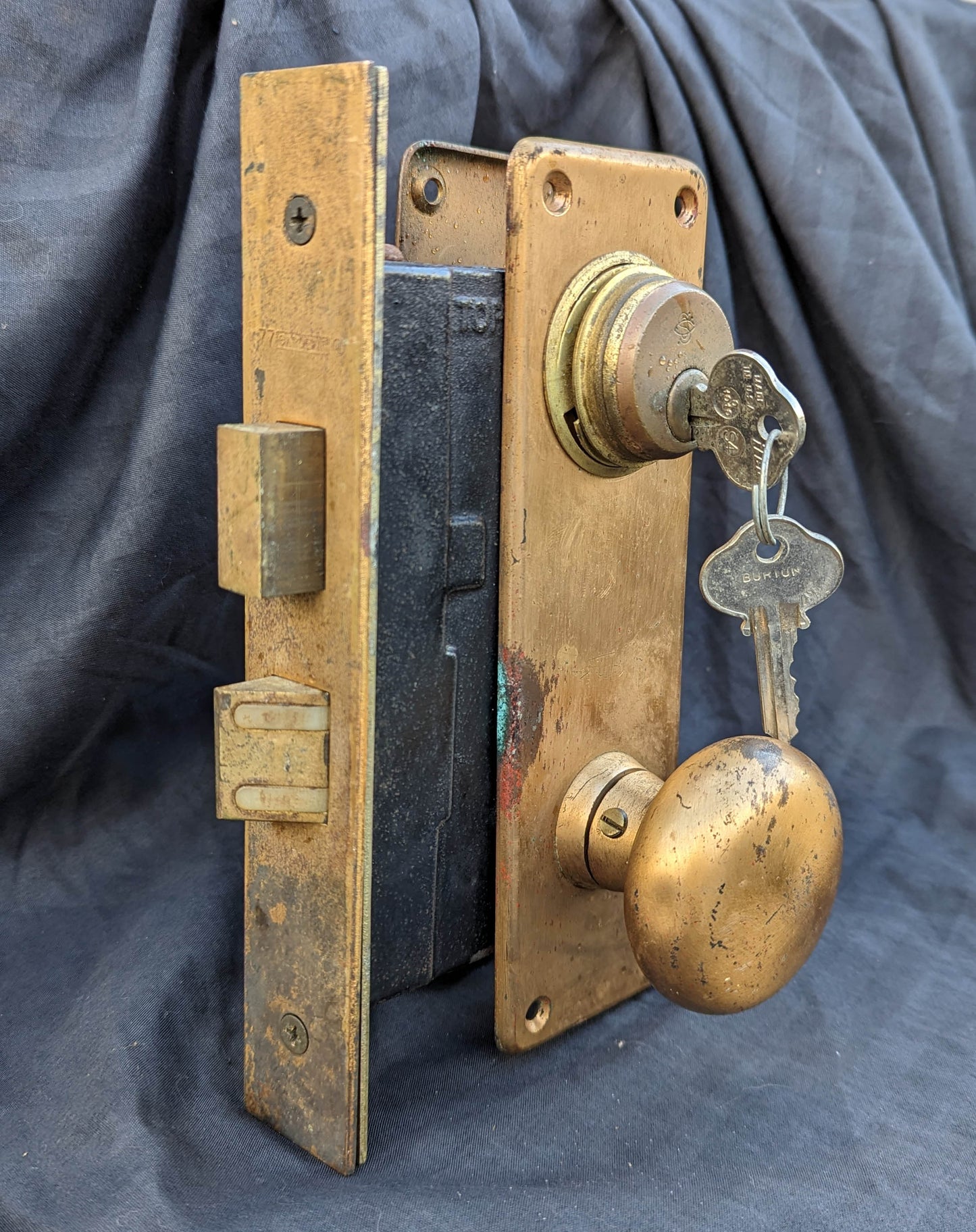 Vintage Antique Old Salvaged Reclaimed "Sargent Exterior Entry Commercial grade Door Set Bronze Brass Knob Plate Lock Lockset 2 Keys