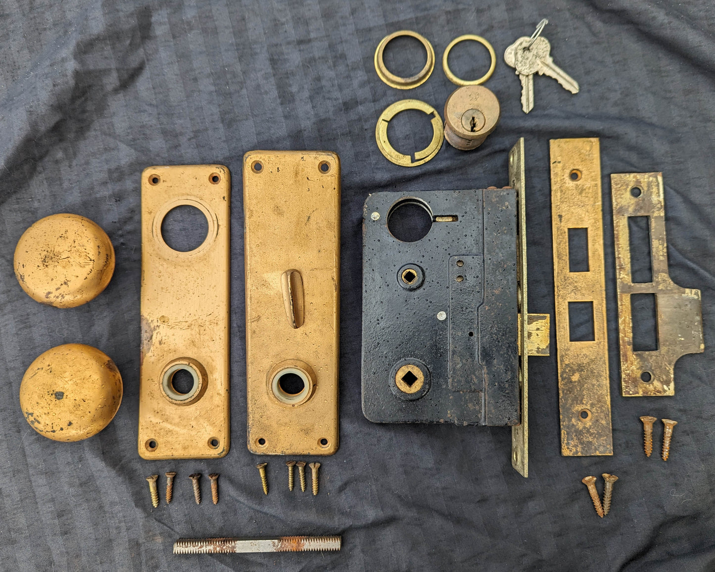 Vintage Antique Old Salvaged Reclaimed "Sargent Exterior Entry Commercial grade Door Set Bronze Brass Knob Plate Lock Lockset 2 Keys