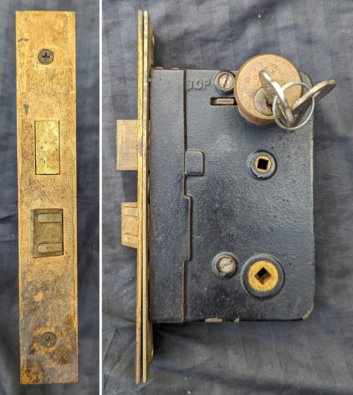Vintage Antique Old Salvaged Reclaimed "Sargent Exterior Entry Commercial grade Door Set Bronze Brass Knob Plate Lock Lockset 2 Keys