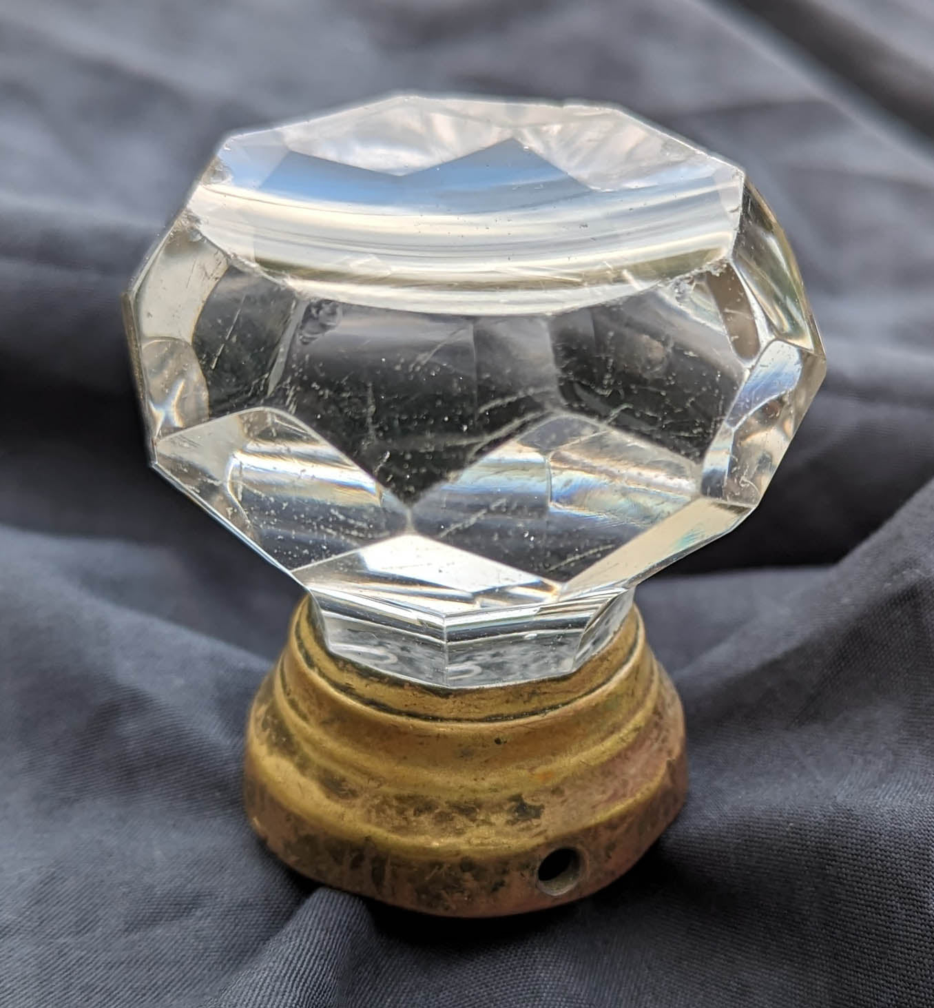 RARE Antique Vintage Old Victorian Octagonal Multi Faceted Glass Doorknob Door Knob Brass Base