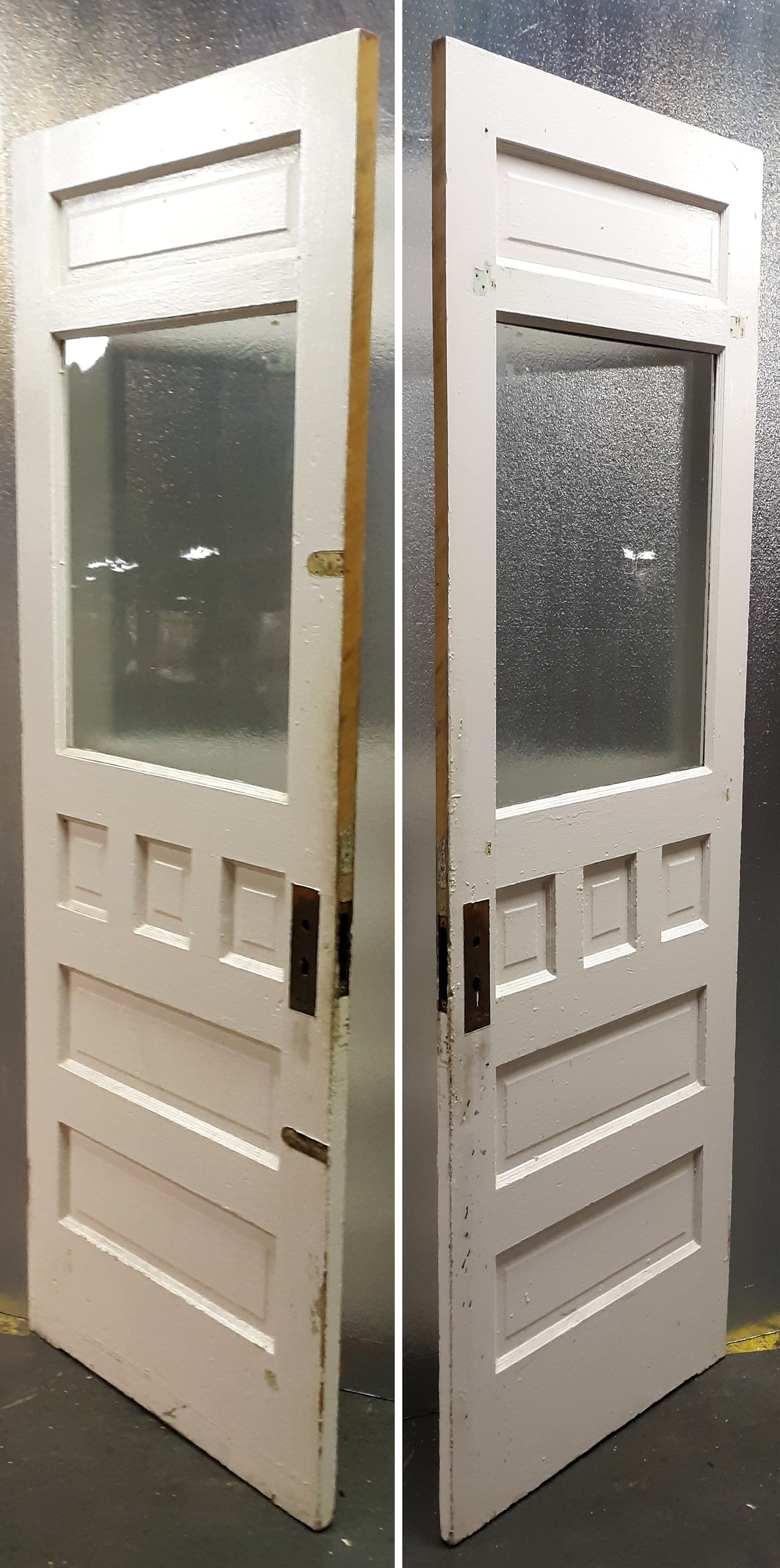 2 available 32"x79.5" Antique Vintage Old Reclaimed Victorian Salvaged SOLID Wood Wooden Entry Door 6 Raised Panels Wavy Glass