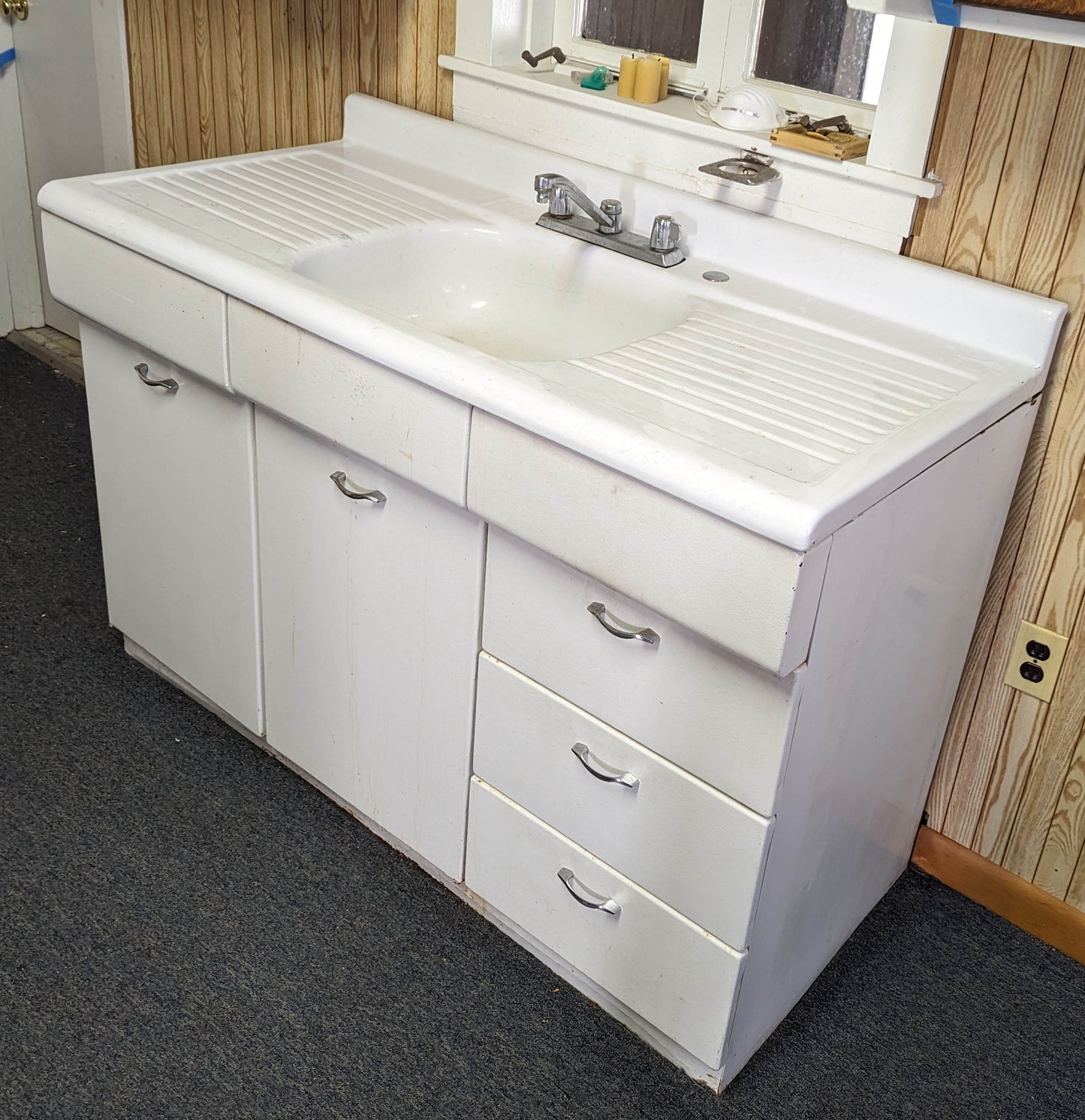 54"W Vintage Antique Old Porcelain Steel Single Basin Double Washboard Farm Farmhouse Sink Metal Cabinet