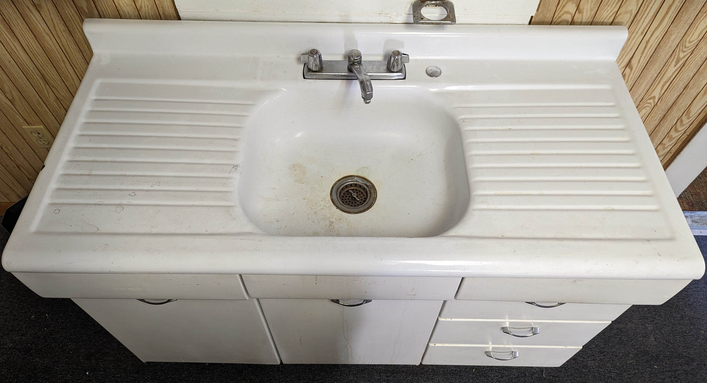 54"W Vintage Antique Old Porcelain Steel Single Basin Double Washboard Farm Farmhouse Sink Metal Cabinet