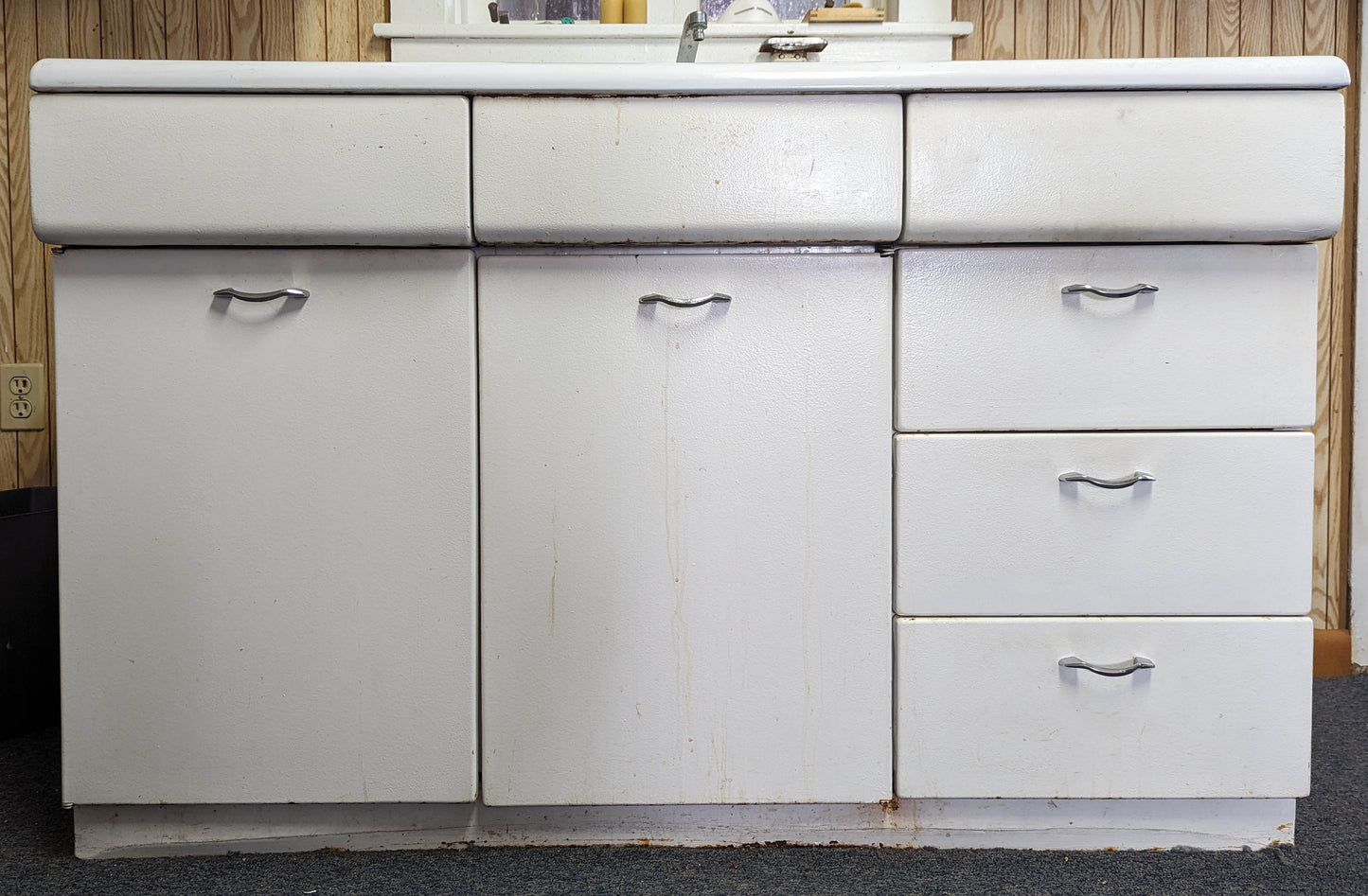 54"W Vintage Antique Old Porcelain Steel Single Basin Double Washboard Farm Farmhouse Sink Metal Cabinet