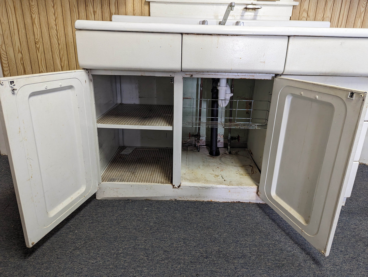 54"W Vintage Antique Old Porcelain Steel Single Basin Double Washboard Farm Farmhouse Sink Metal Cabinet
