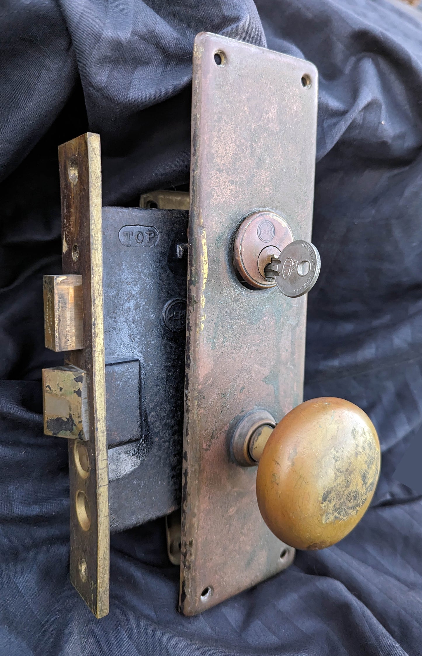 Antique Vintage Old Salvaged Reclaimed "Penn" Exterior Entry Commercial grade Door Set Bronze Brass Knob Plate Lock Lockset Key