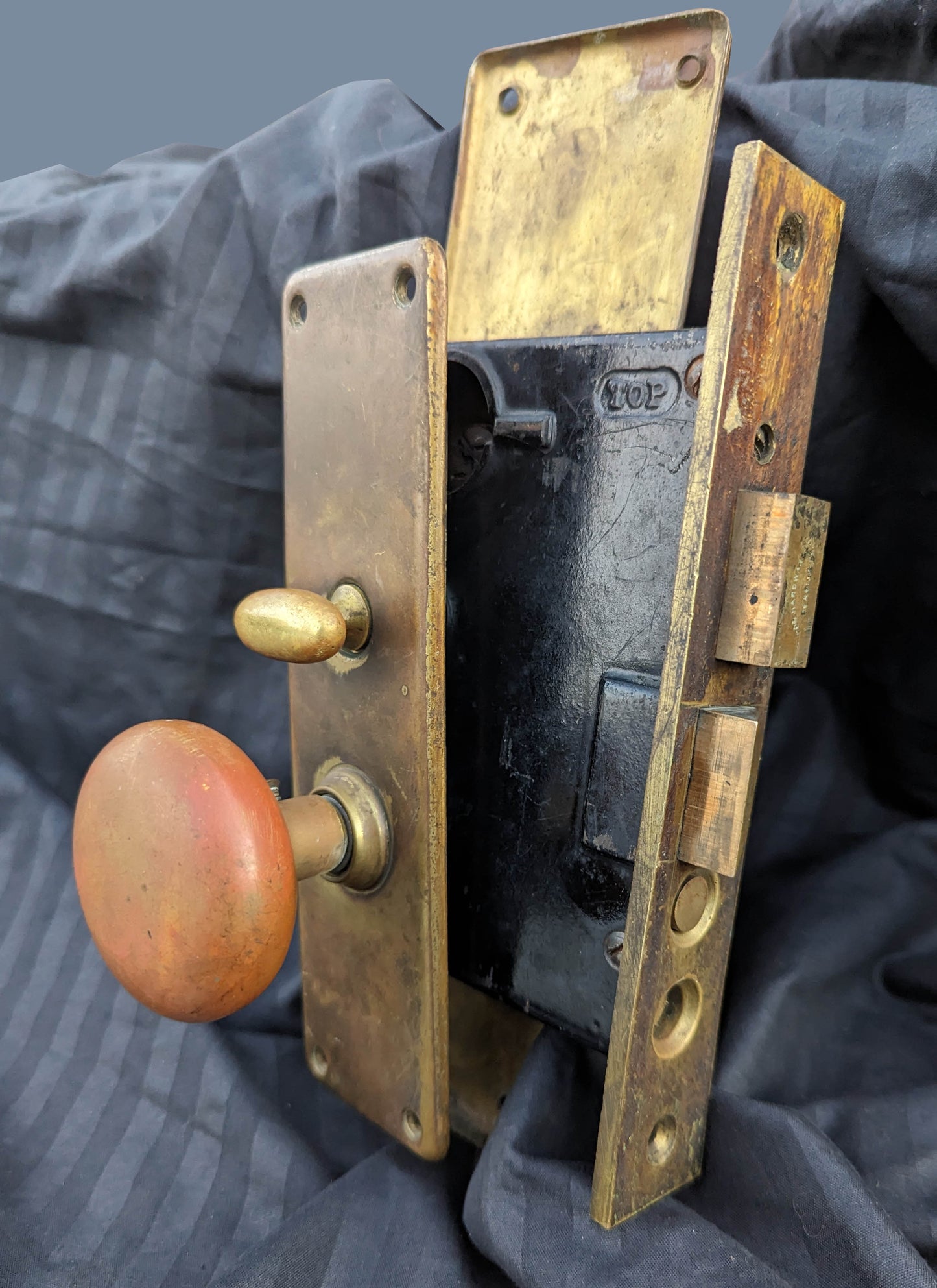 Antique Vintage Old Salvaged Reclaimed "Penn" Exterior Entry Commercial grade Door Set Bronze Brass Knob Plate Lock Lockset Key