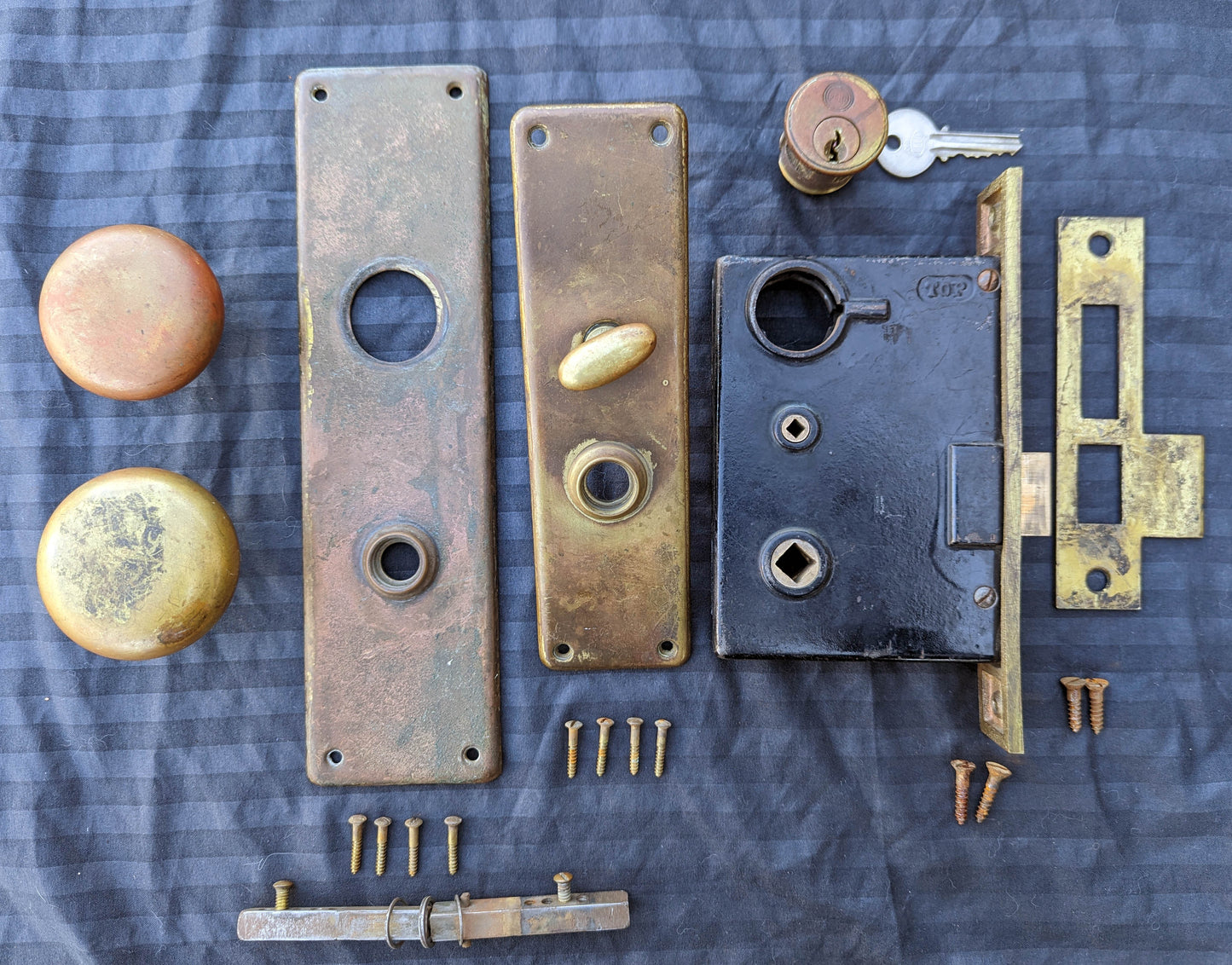 Antique Vintage Old Salvaged Reclaimed "Penn" Exterior Entry Commercial grade Door Set Bronze Brass Knob Plate Lock Lockset Key