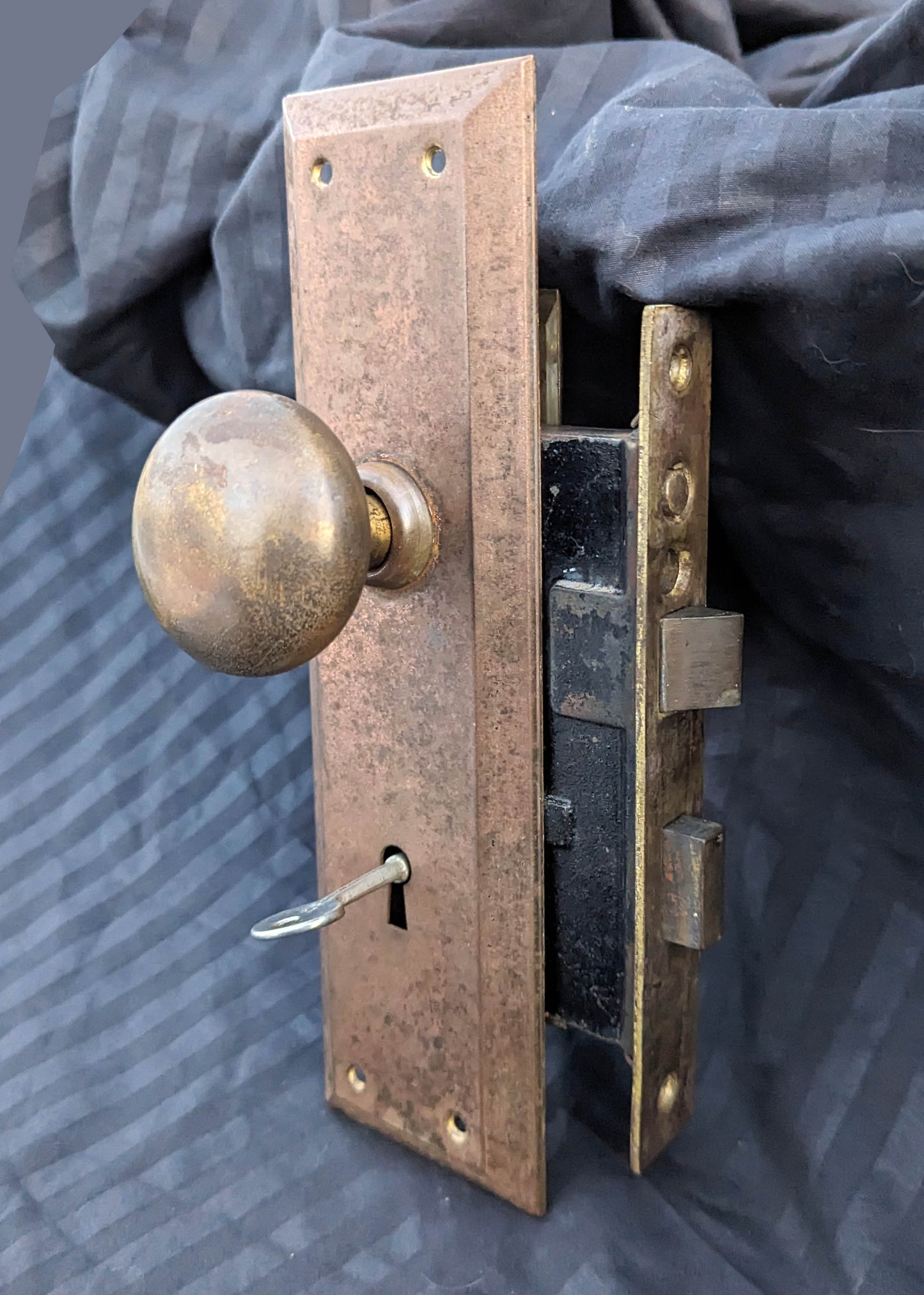2 available Vintage Antique Old Salvaged Reclaimed Craftsman Style Copper Brass Steel Exterior Entry Door Set Knob Plate Lock Lockset Key