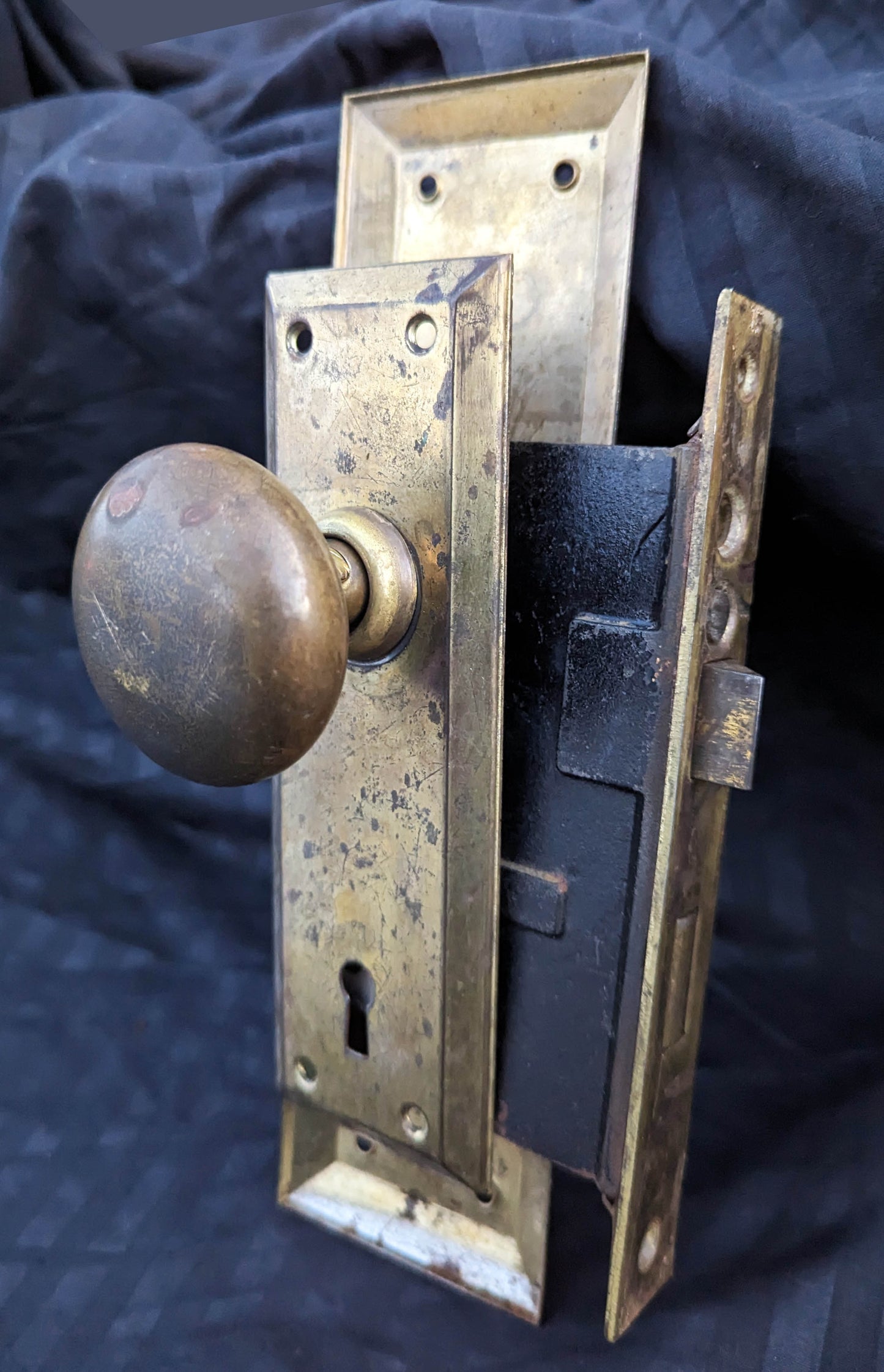 2 available Vintage Antique Old Salvaged Reclaimed Craftsman Style Copper Brass Steel Exterior Entry Door Set Knob Plate Lock Lockset Key