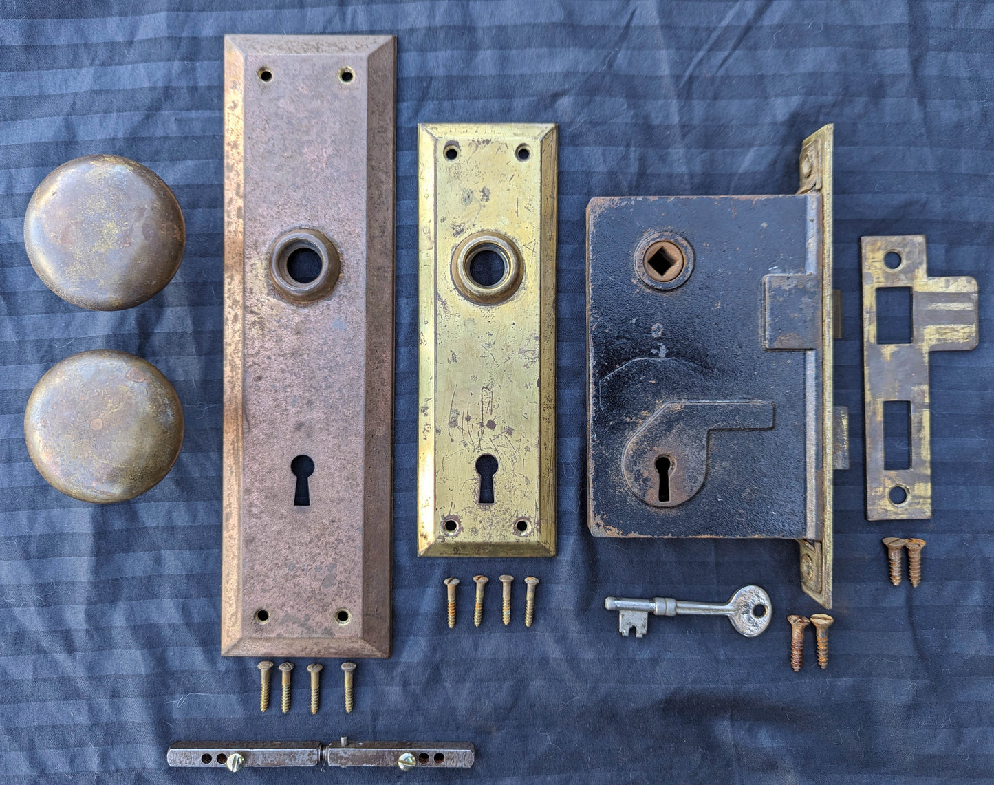 2 available Vintage Antique Old Salvaged Reclaimed Craftsman Style Copper Brass Steel Exterior Entry Door Set Knob Plate Lock Lockset Key