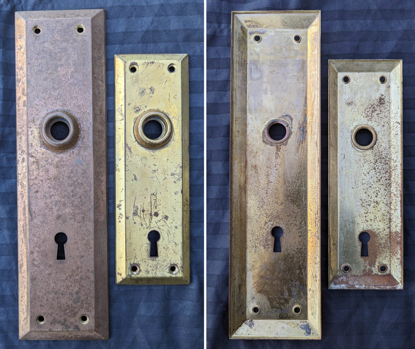 2 available Vintage Antique Old Salvaged Reclaimed Craftsman Style Copper Brass Steel Exterior Entry Door Set Knob Plate Lock Lockset Key