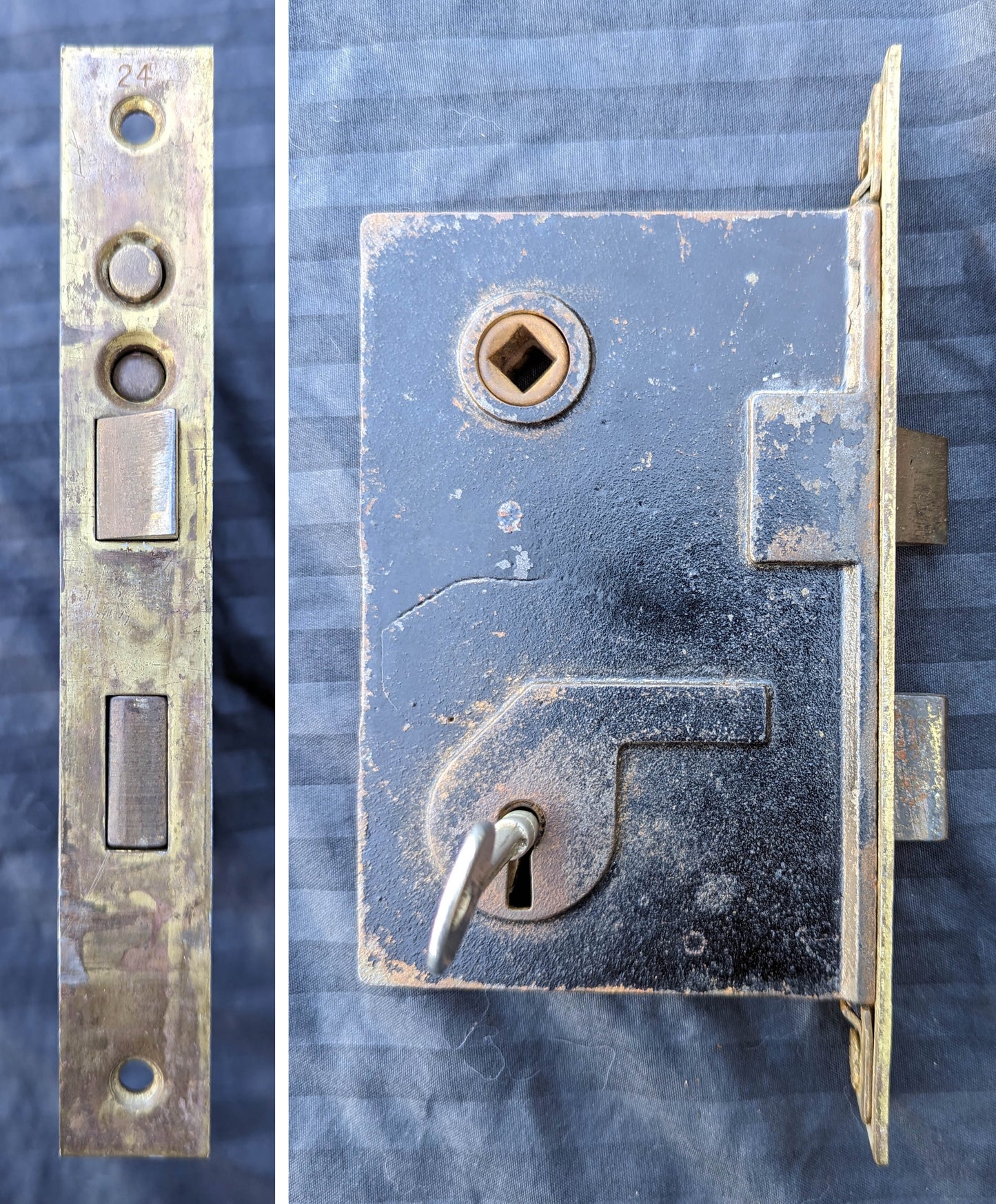 2 available Vintage Antique Old Salvaged Reclaimed Craftsman Style Copper Brass Steel Exterior Entry Door Set Knob Plate Lock Lockset Key