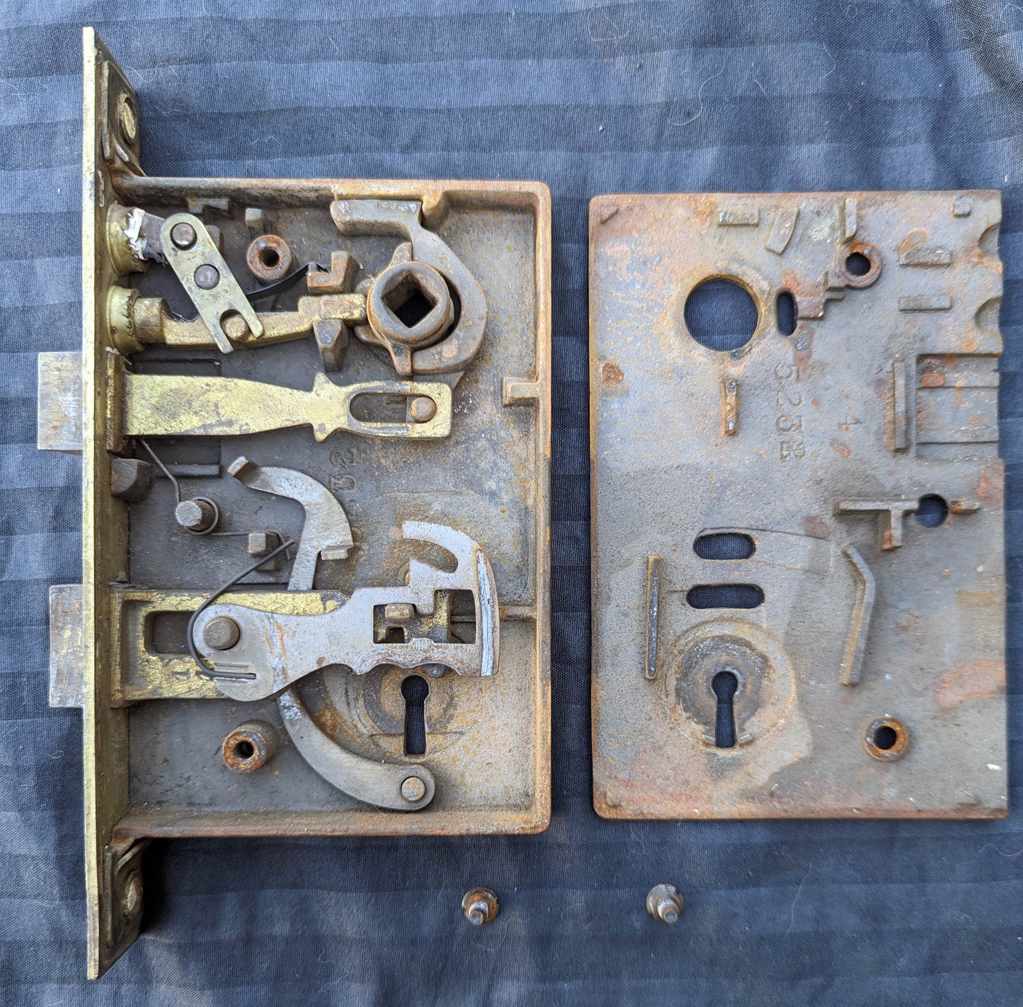 2 available Vintage Antique Old Salvaged Reclaimed Craftsman Style Copper Brass Steel Exterior Entry Door Set Knob Plate Lock Lockset Key