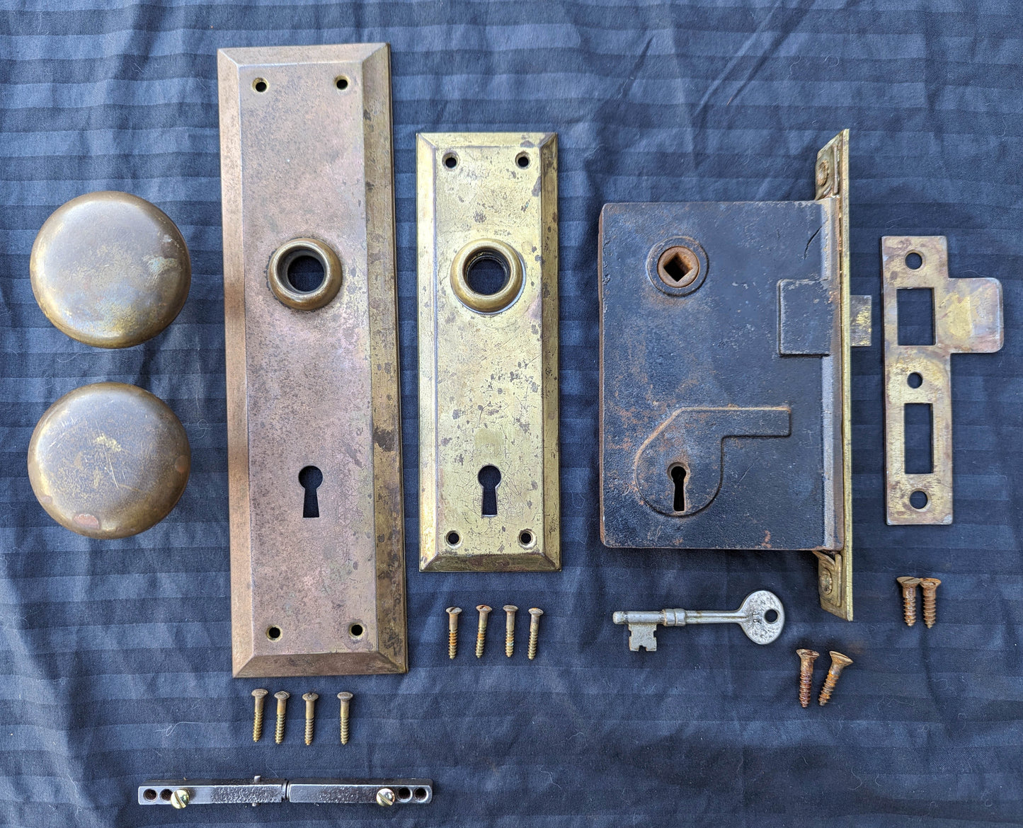 2 available Vintage Antique Old Salvaged Reclaimed Craftsman Style Copper Brass Steel Exterior Entry Door Set Knob Plate Lock Lockset Key