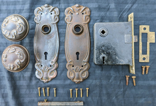 10 available CLEANED Antique Vintage Old Salvaged Reclaimed Art Nouveau "Sargent" Steel Door Set Knob Brass Plate Lock Lockset
